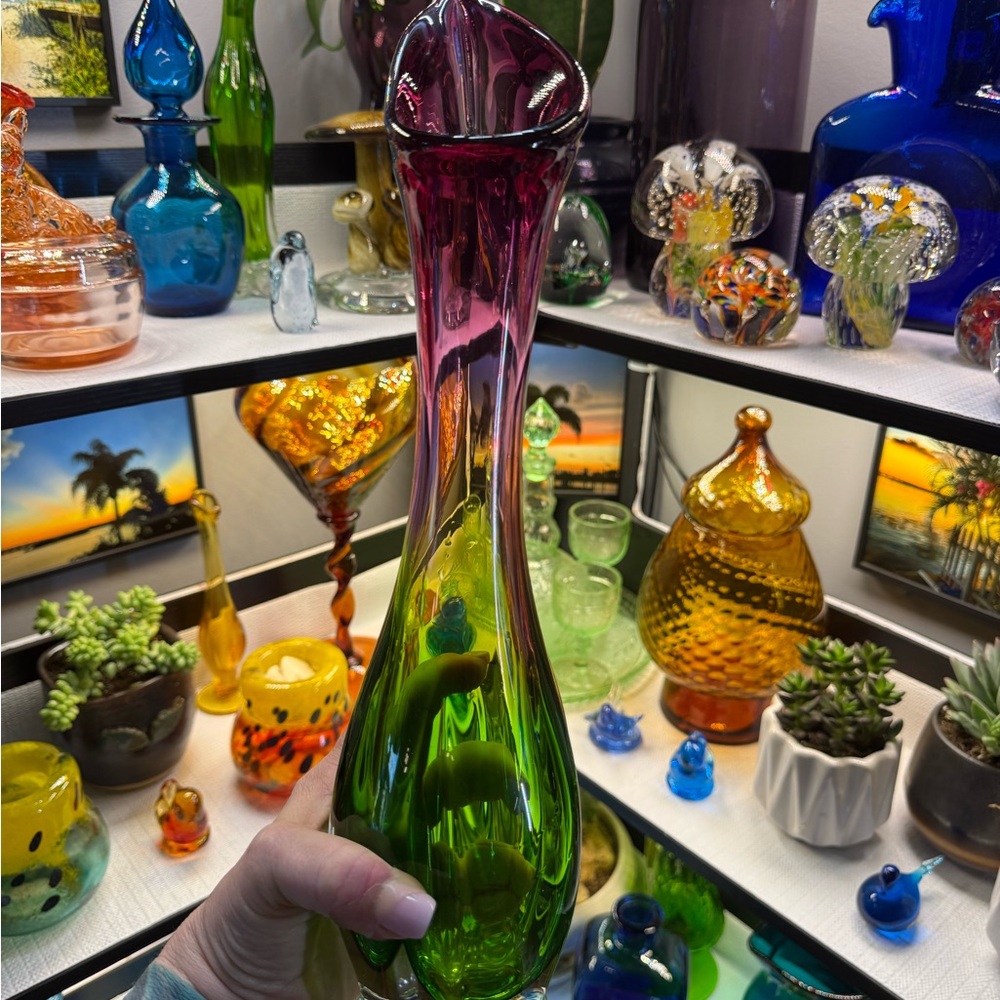 Murano Handblown Green and Purple blown Glass Vase - Elegant Home Accent